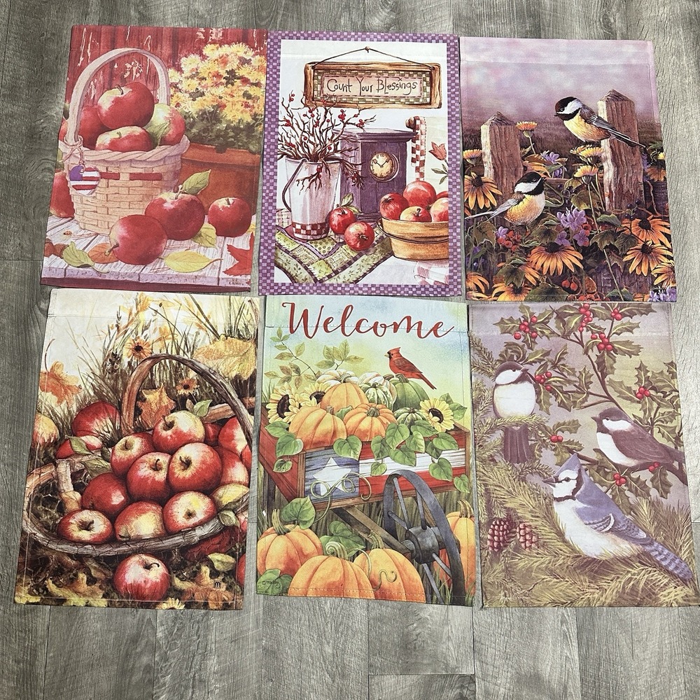 Lot of 6 Autumn Fall Garden Flags 12x18 Apples Pumpkins Birds Seasonal Decor